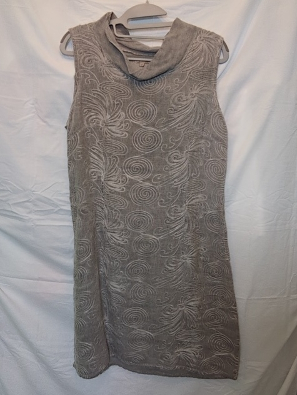 Sleeveless Taupe Midi Dress with Swirl Embroidery